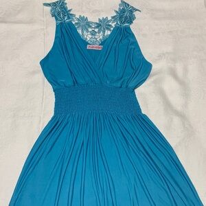 Lace Back Blue Sleeveless Mini Dress